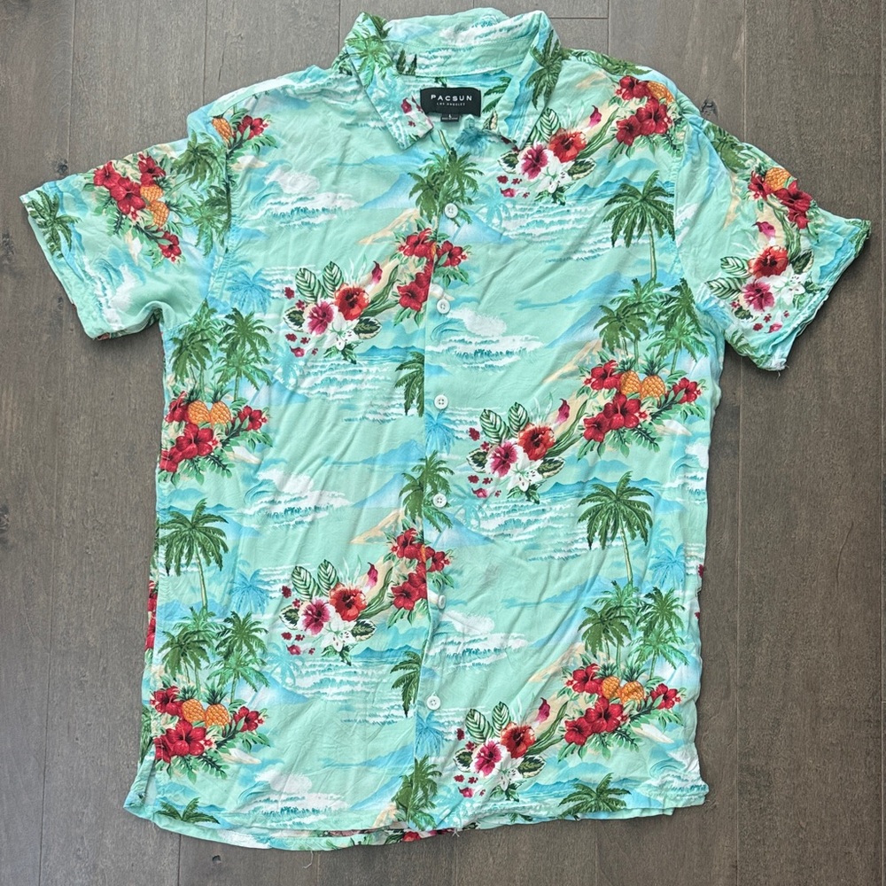 PacSun Tropical Floral Button Down Shirt - Light Blue and Red